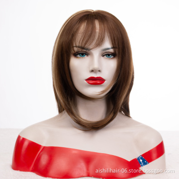 Wholesale wigs brown natural straight highlights blonde color wig with natural bangs synthetic hair wigs for women